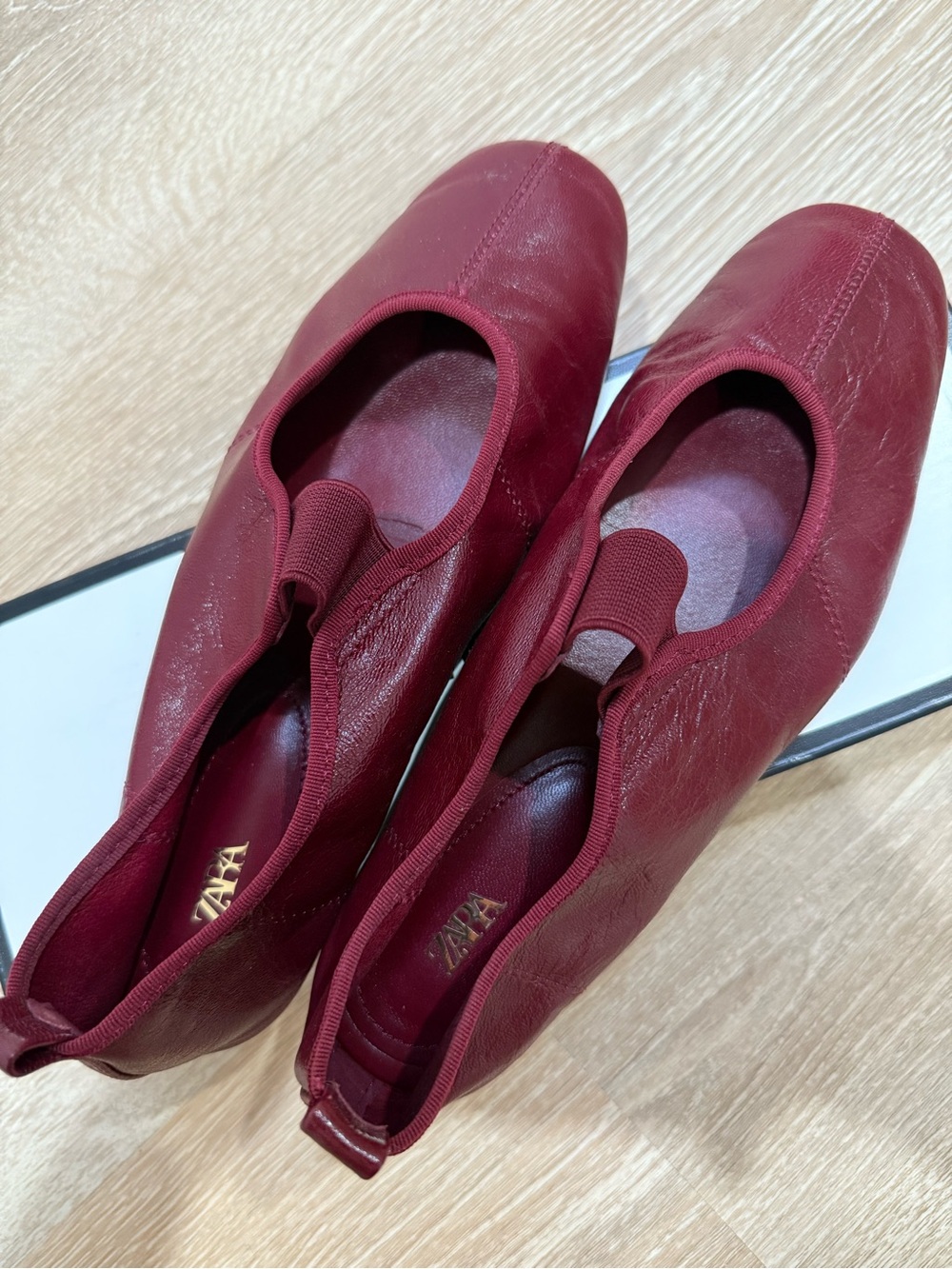 Zara Women's Burgundy Leather Slip-On Flats